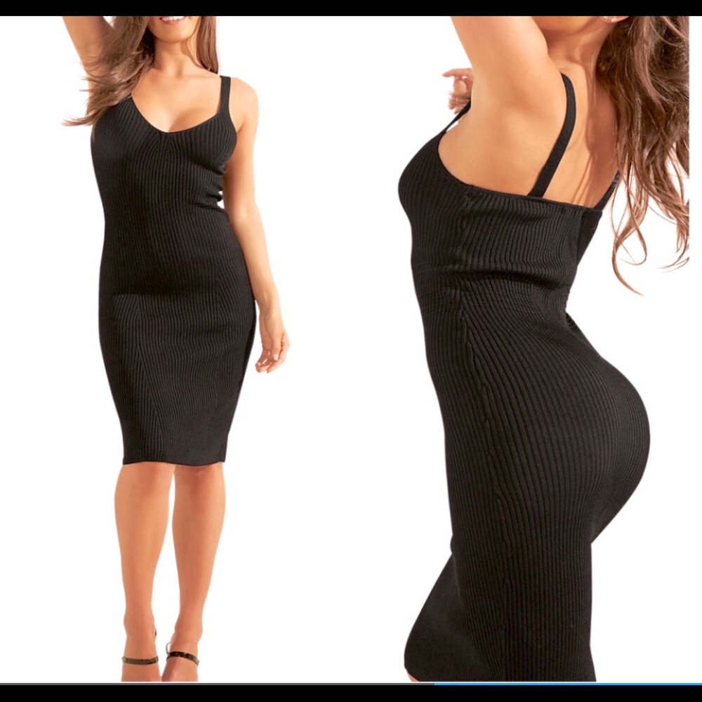 Guess | Sleeveless V-Neck Ribbed Bodycon Midi Dress | Black Ribbed Sweater Dress